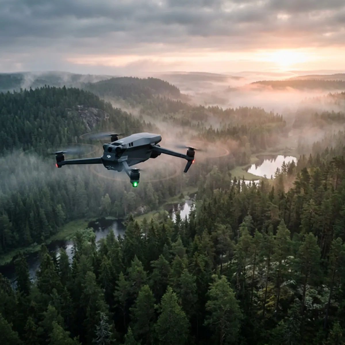 DJI drone lentämässä metsämaiseman yllä upeassa valossa