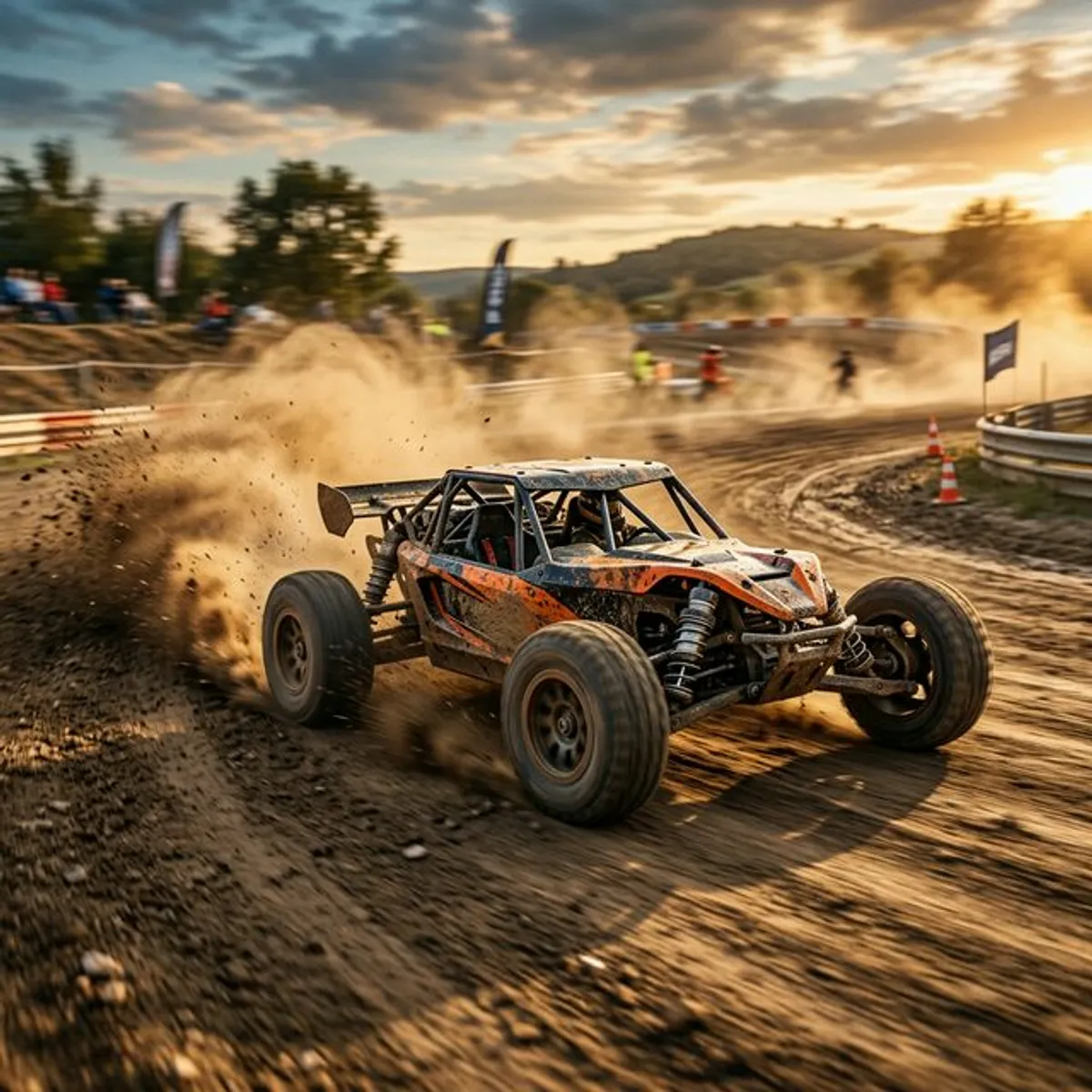 Nopea radio-ohjattava buggy-auto aavikkoradalla pölypilvessä