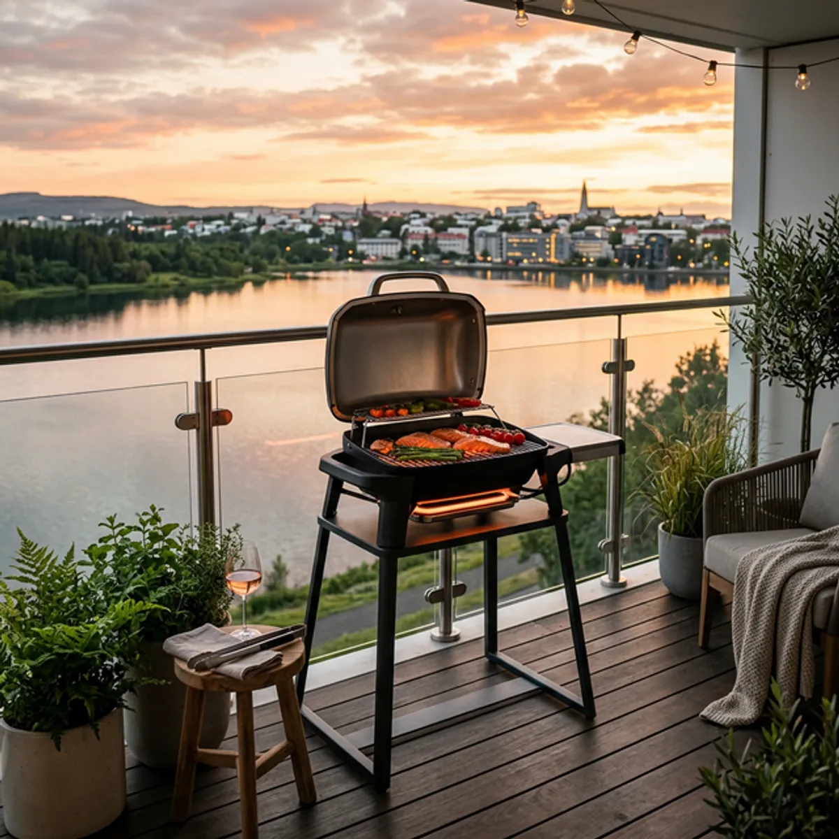 Tyylikäs sähkögrilli kerrostalon parvekkeella kesäillassa