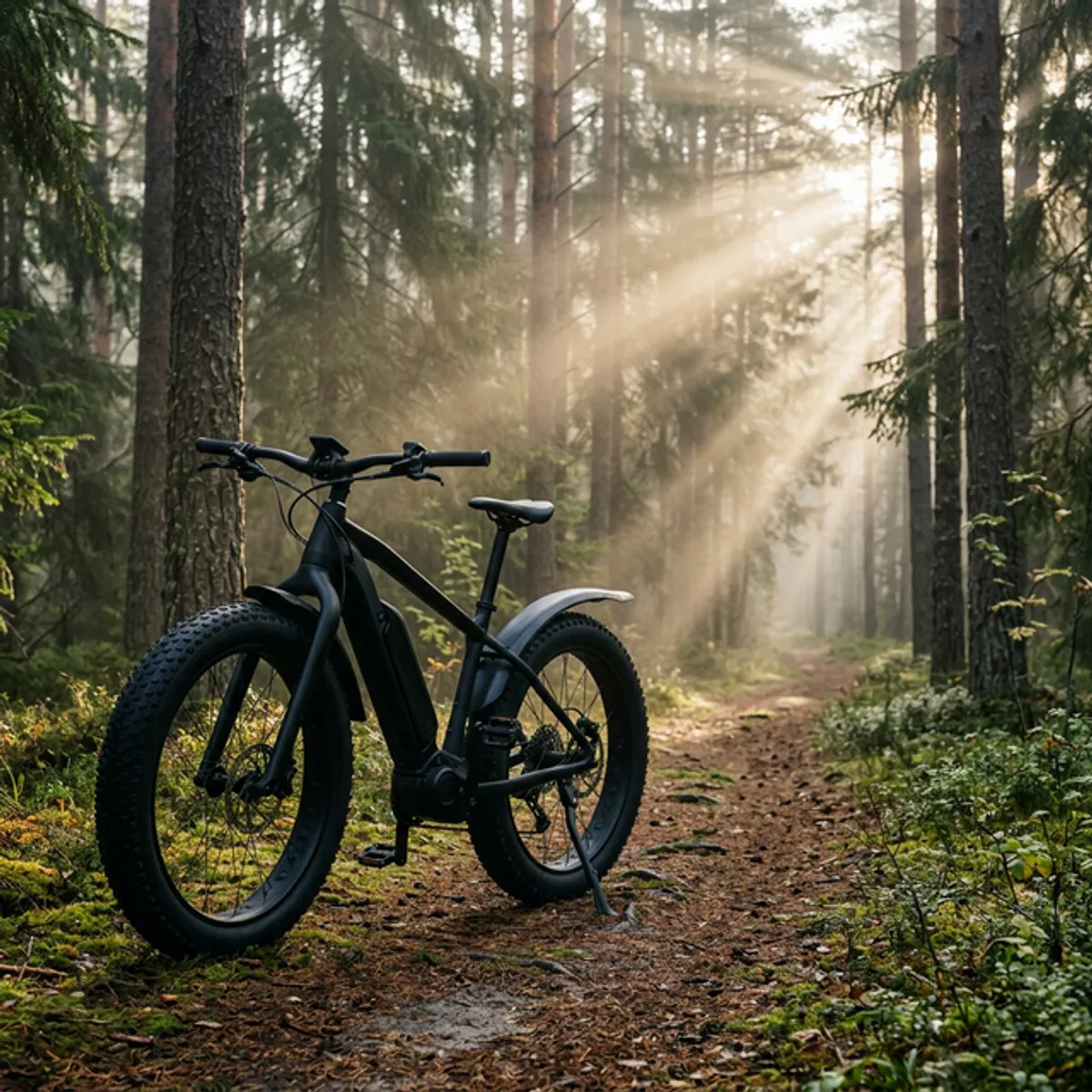Swoop sähköpyörä pysäköitynä metsäpolulle sumuisen suomalaisen järven rannalla auringonnousun aikaan
